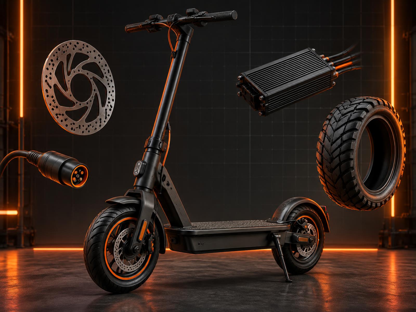 Electric scooter surrounded by a tyre, brake disc, connector and controller